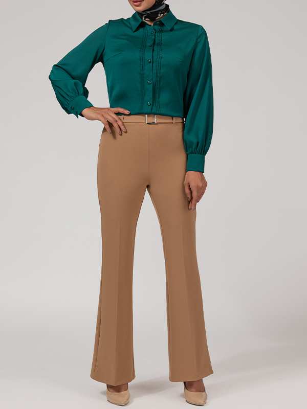 شلوار زنانه کرپ دمپا گشاد کلاسیک دارای کمربند 10104 برنس