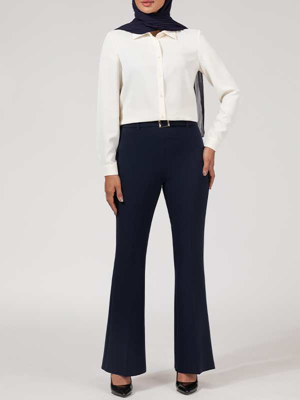 شلوار زنانه کرپ دمپا گشاد کلاسیک دارای کمربند 10104 برنس