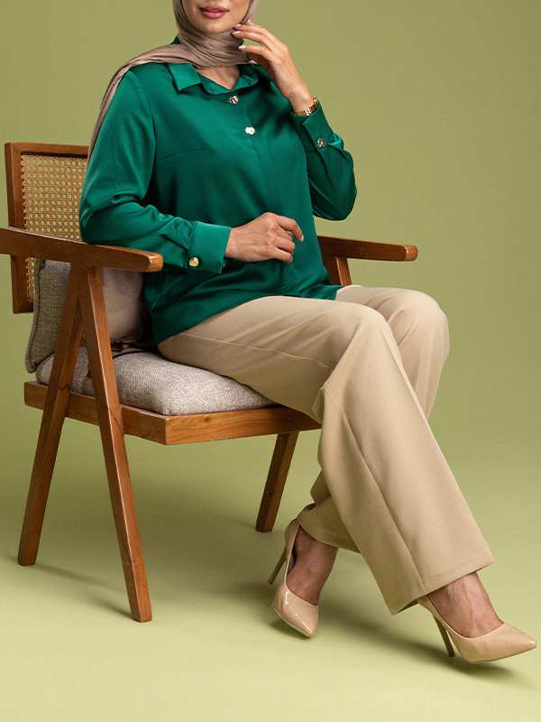 شومیز زنانه ساتن زارا آستین بلند درای دکمه تزیینی مهناز برنس