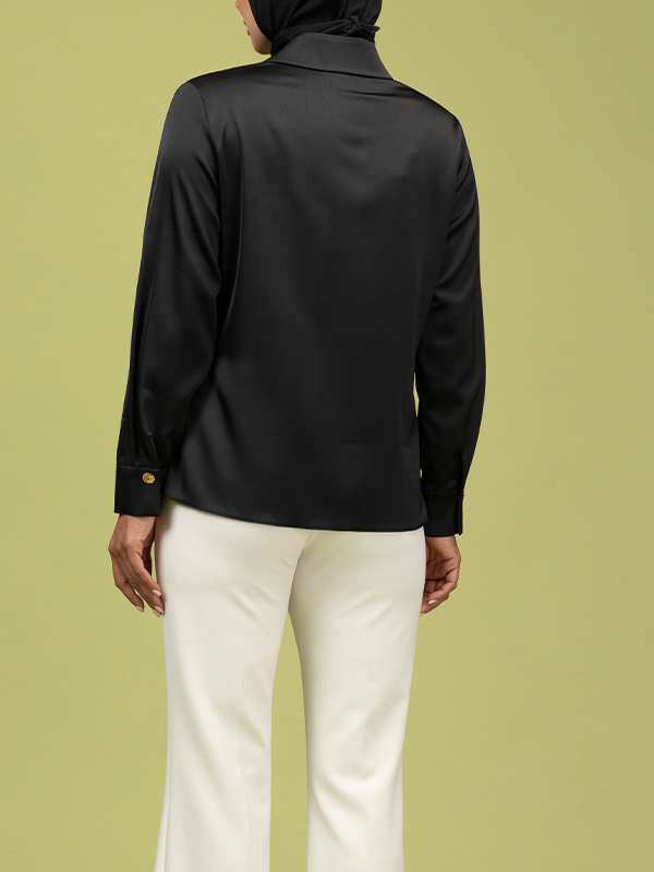 شومیز زنانه ساتن زارا آستین بلند درای دکمه تزیینی مهناز برنس