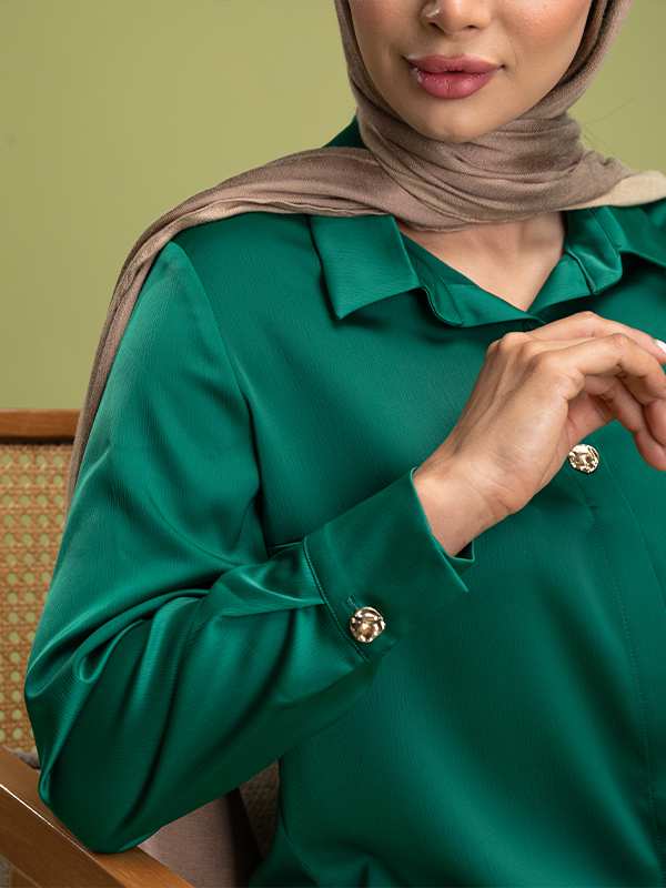 شومیز زنانه ساتن زارا آستین بلند درای دکمه تزیینی مهناز برنس