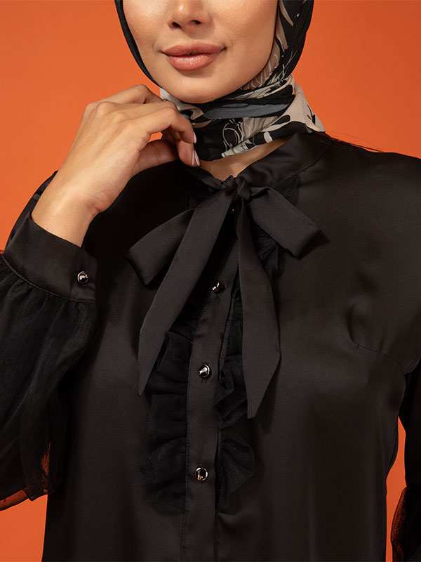 شومیز زنانه آستین بلند ساتن مجلسی یقه کرواتی 30101 برنس