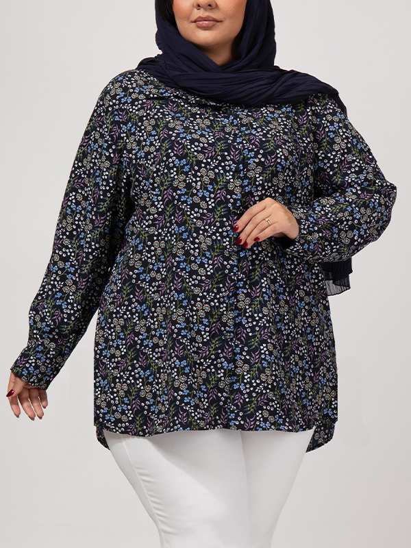 تونیک زنانه سایز بزرگ کرپ طرحدار آستین بلند 50103 برنس Bornos