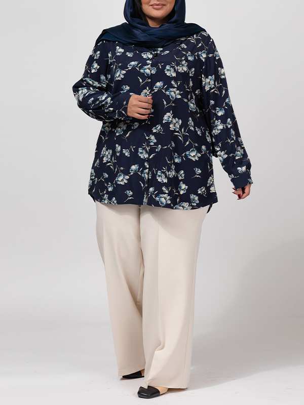 تونیک زنانه سایز بزرگ کرپ طرحدار آستین بلند 50103 برنس Bornos