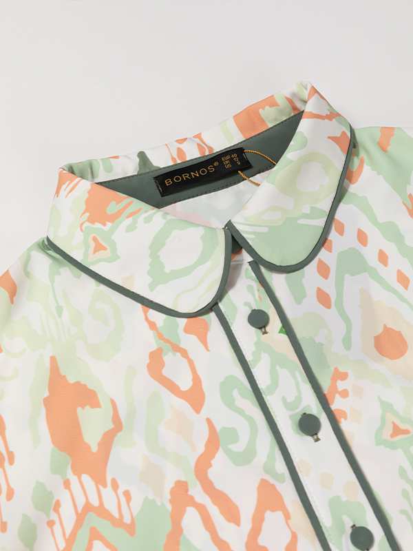 شومیز زنانه طرح دار کرپ الیزه یقه مردانه 30102 برنس Bornos