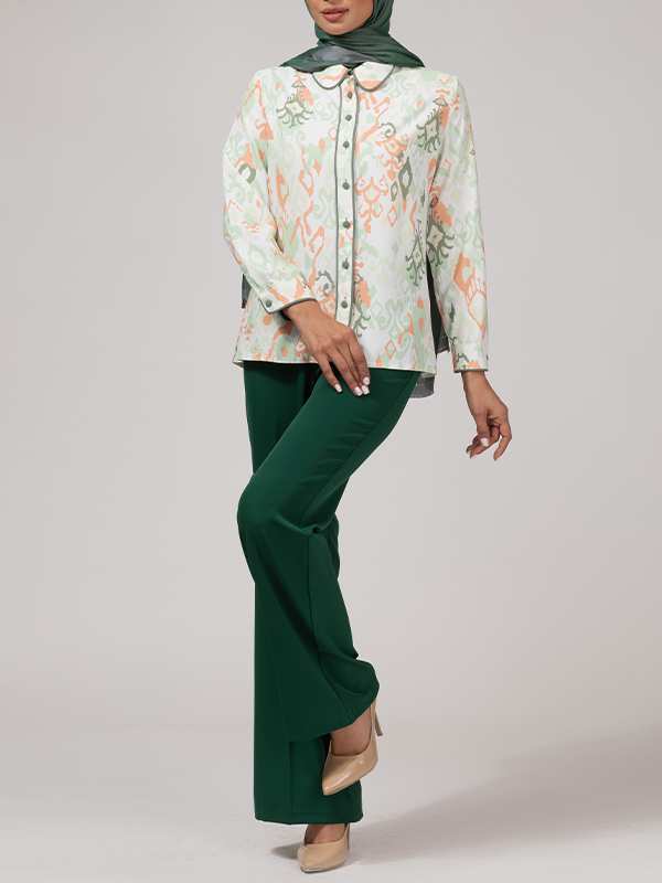 شومیز زنانه طرح دار کرپ الیزه یقه مردانه 30102 برنس Bornos