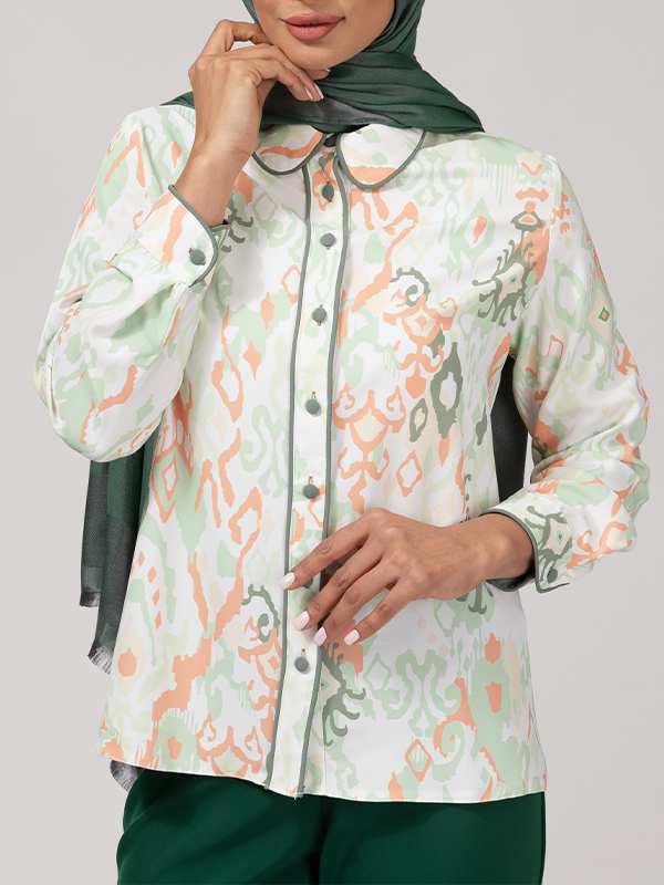 شومیز زنانه طرح دار کرپ الیزه یقه مردانه 30102 برنس Bornos