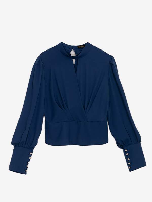 بلوز مجلسی زنانه کرپ حریر یقه چپ راستی آستین پفی 40106 برنس Bornos