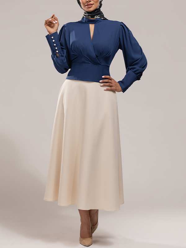 بلوز مجلسی زنانه کرپ حریر یقه چپ راستی آستین پفی 40106 برنس Bornos