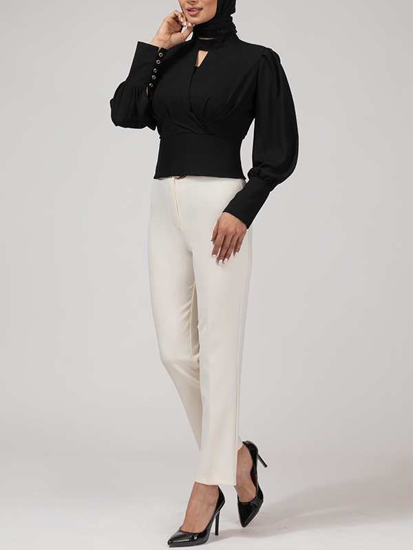 بلوز مجلسی زنانه کرپ حریر یقه چپ راستی آستین پفی 40106 برنس Bornos