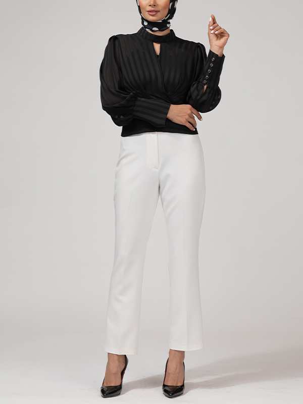 بلوز مجلسی زنانه کرپ حریر یقه چپ راستی آستین پفی 40106 برنس Bornos