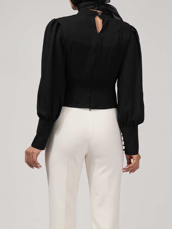 بلوز مجلسی زنانه کرپ حریر یقه چپ راستی آستین پفی 40106 برنس Bornos