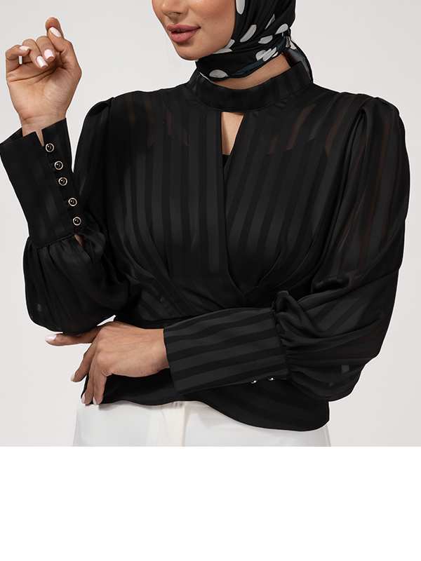 بلوز مجلسی زنانه کرپ حریر یقه چپ راستی آستین پفی 40106 برنس Bornos