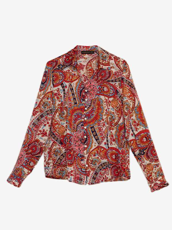 شومیز زنانه ساتن طرح دار یقه هفت آستین بلند 30109 برنس Bornos