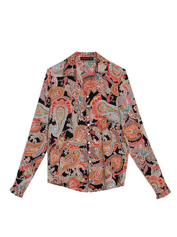 شومیز زنانه ساتن طرح دار یقه هفت آستین بلند 30109 برنس Bornos