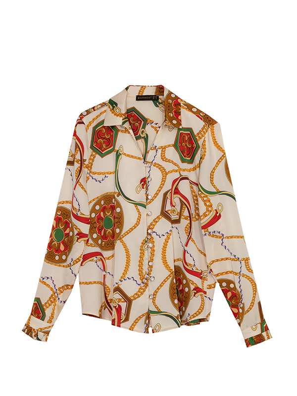 شومیز زنانه ساتن طرح دار یقه هفت آستین بلند 30109 برنس Bornos