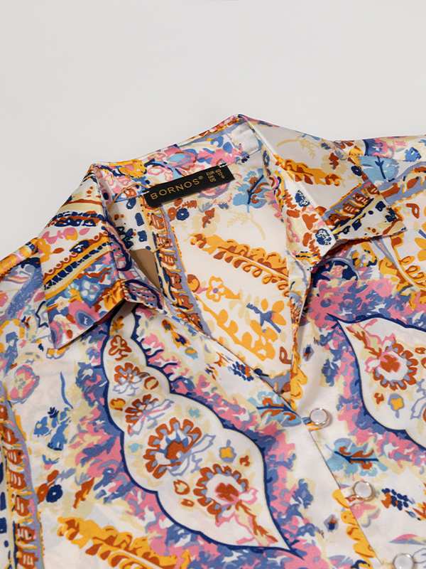 شومیز زنانه ساتن طرح دار یقه هفت آستین بلند 30109 برنس Bornos