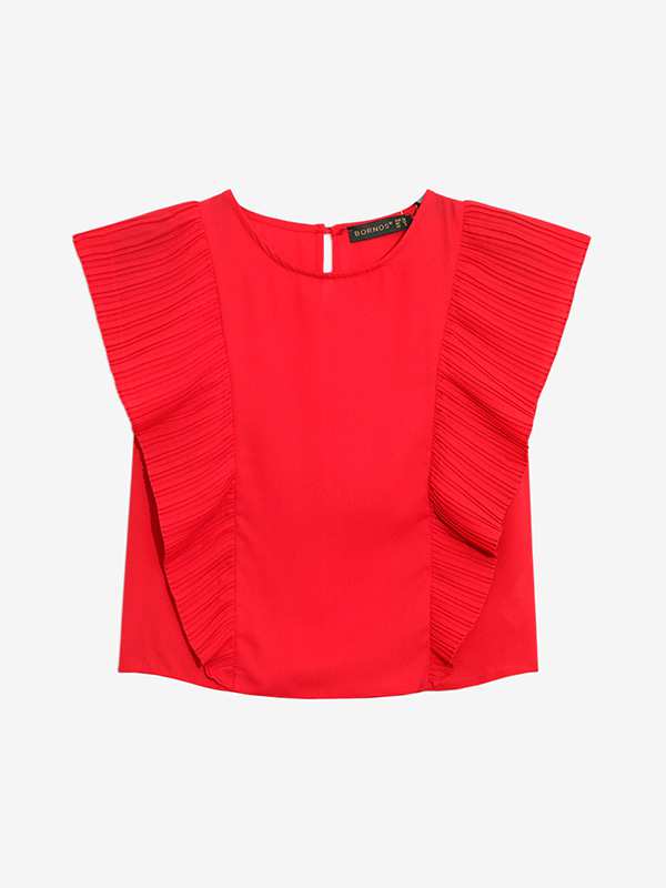 بلوز زنانه مجلسی یقه گرد کرپ حریر پلیسه ای چکاوک برنس Bornos