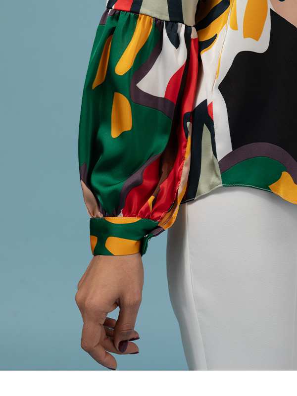 شومیز زنانه ساتن طرحدار مجلسی یقه گره ای 30108 برنس Bornos