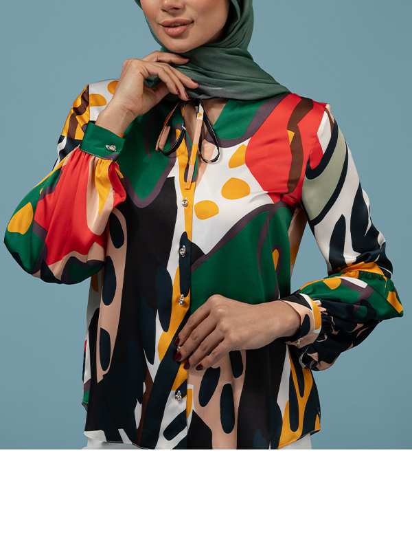 شومیز زنانه ساتن طرحدار مجلسی یقه گره ای 30108 برنس Bornos