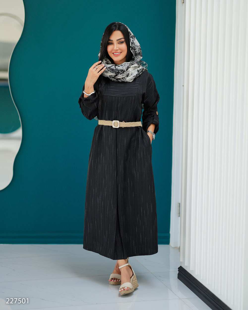 کفتان بلند زنانه مشکی مدل کمربند دار آوازالسانا Elsana کد2275