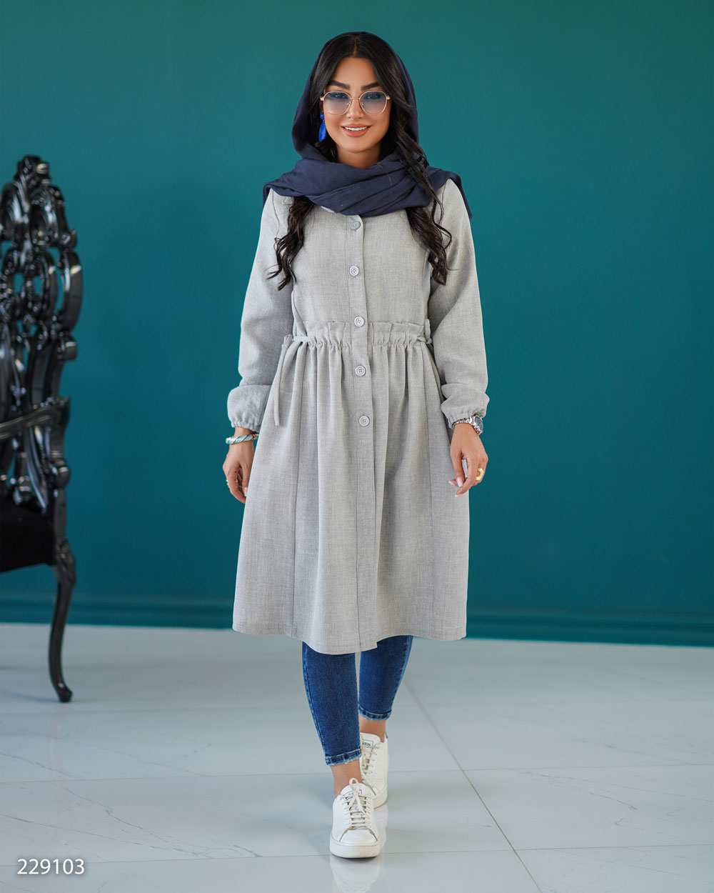 مانتو بلند زنانه طوسی مدل دریاالسانا Elsana کد2291