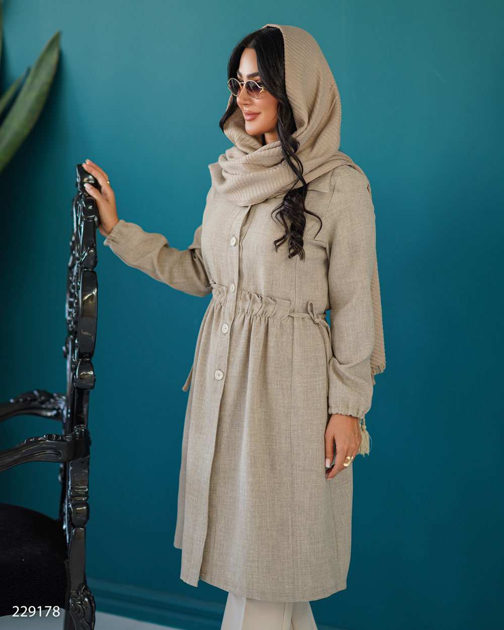 مانتو بلند زنانه خاکی مدل دریاالسانا Elsana کد2291