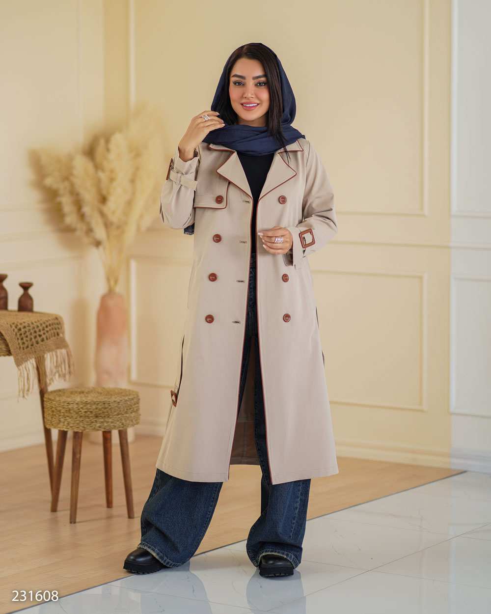 بارانی بلند زنانه کرم مدل سایداالسانا Elsana کد2316