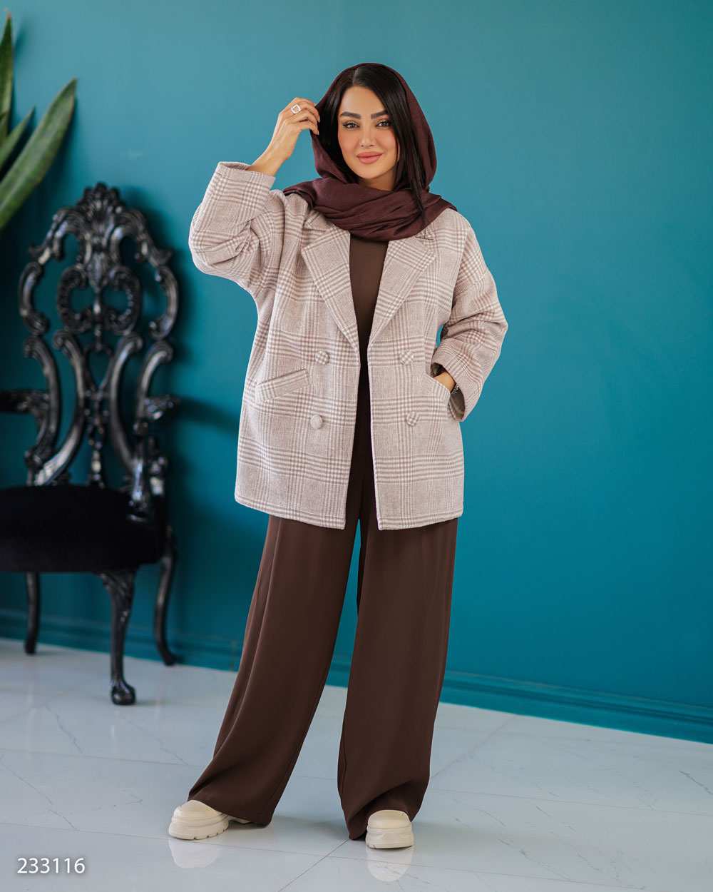 پالتو زنانه کالباسی مدل چهارخانه مدیا السانا Elsana کد2331