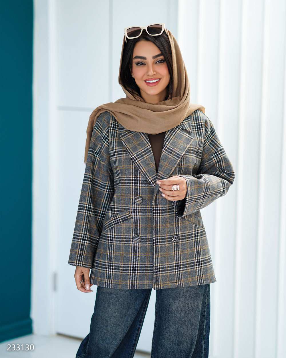 پالتو زنانه خردلی مدل چهارخانه مدیا السانا Elsana کد2331
