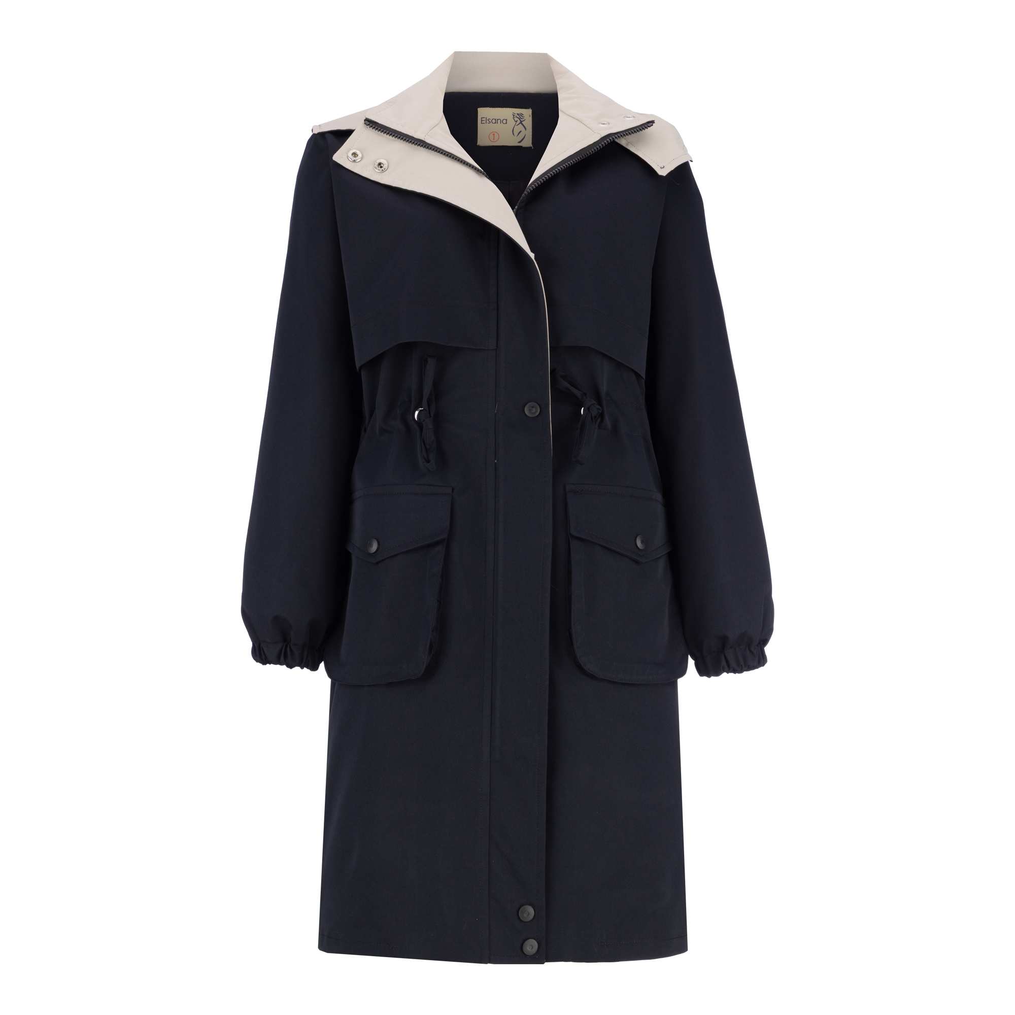 بارانی بلند زنانه سرمه ای کرم مدل مهزین السانا Elsana کد 2321