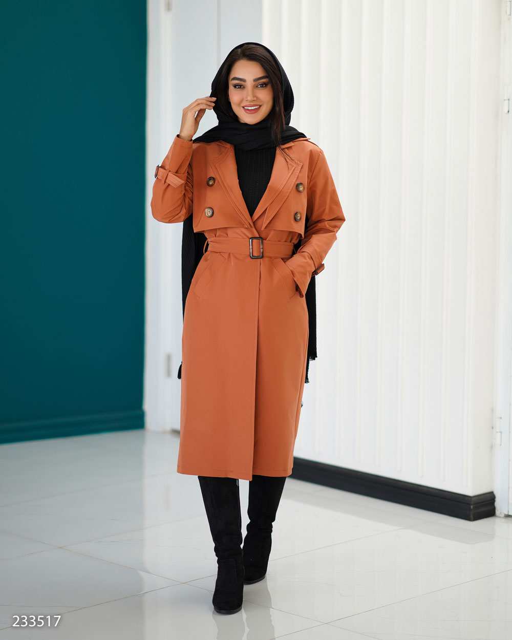 بارانی بلند زنانه آجری مدل نازانه السانا Elsana کد 2335
