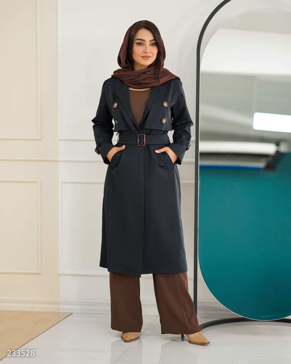 بارانی بلند زنانه سرمه ای تیره مدل نازانه السانا Elsana کد 2335