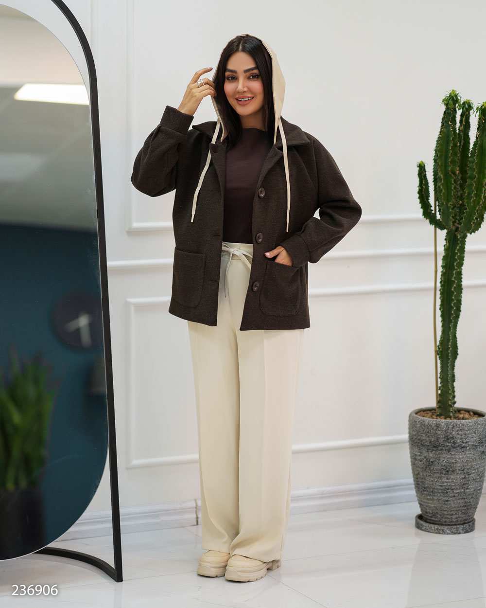 پالتو زنانه فوتر کلاه دار قهوه ای مدل فرتاک السانا Elsana کد 2369