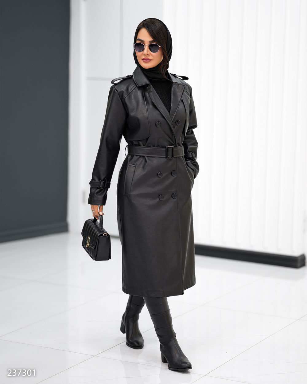 پالتو چرم بلند زنانه مشکی مدل شبرنگ السانا Elsana کد 2373