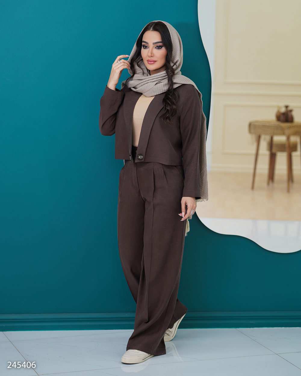 ست کت کراپ و شلوار زنانه قهوه ای السانا Elsana مدل آدیشا کد 2454