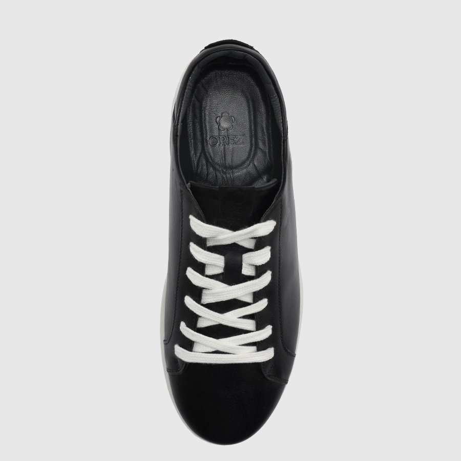 کفش اسنیکرز چرم طبیعی مردانه بورنیش مشکی سفید اورز Orez مدل KAI SNEAKER 1