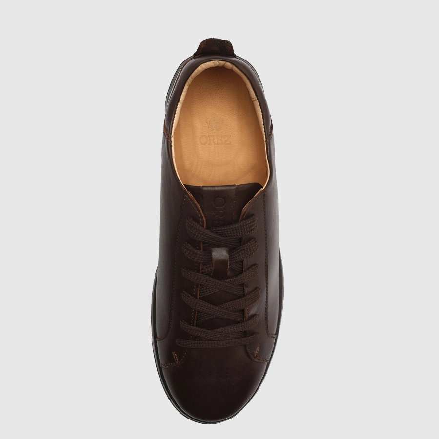 کفش اسنیکرز چرم طبیعی مردانه پولیشی قهوه ای اورز Orez مدل KAI SNEAKER 1