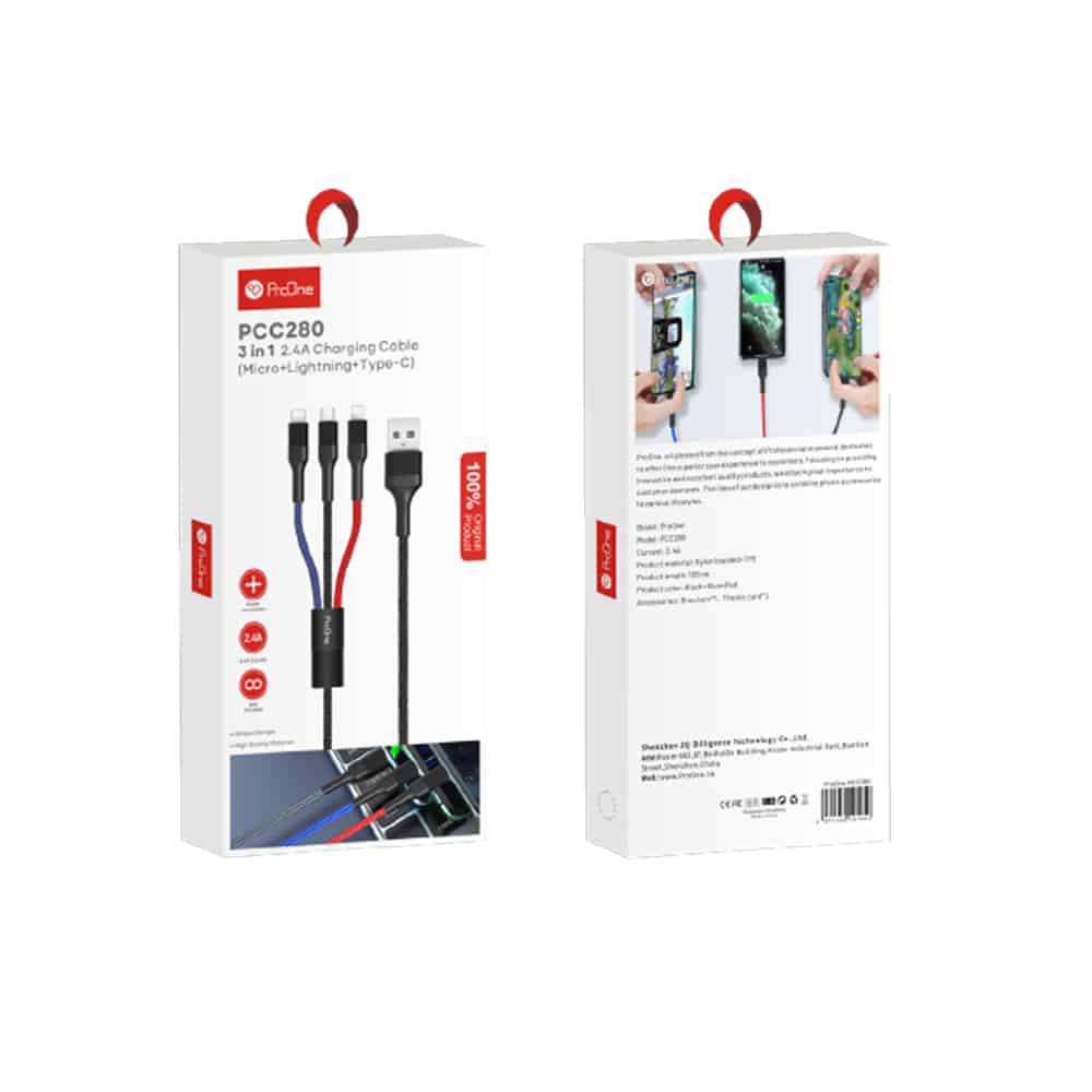 کابل تبدیل USB به USB-C / microUSB / لایتنینگ پرووان مدل PCC280 طول 1 متر
