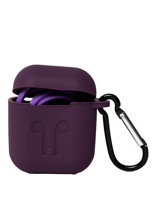 محافظ سیلیکونی با بند نگهدارنده مناسب کیس AirPods بادمجانی