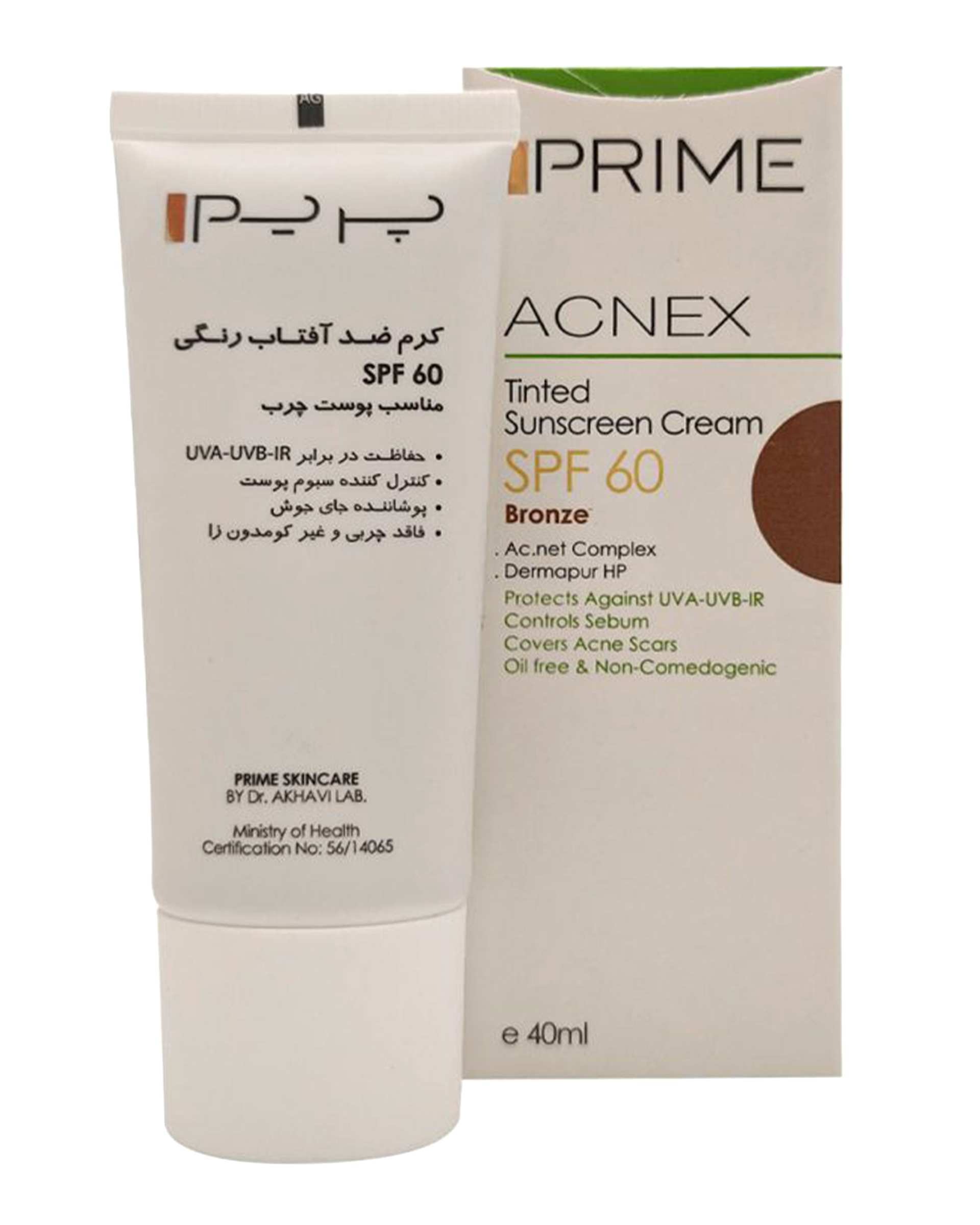 کرم ضد آفتاب رنگی SPF60 پریم 40ml Acnex