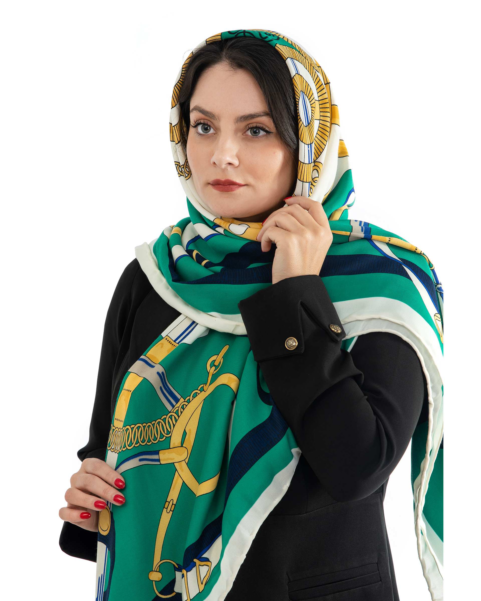 روسری زنانه نخی دست دوز طرح سگک سبز شیری جی دو Gido
