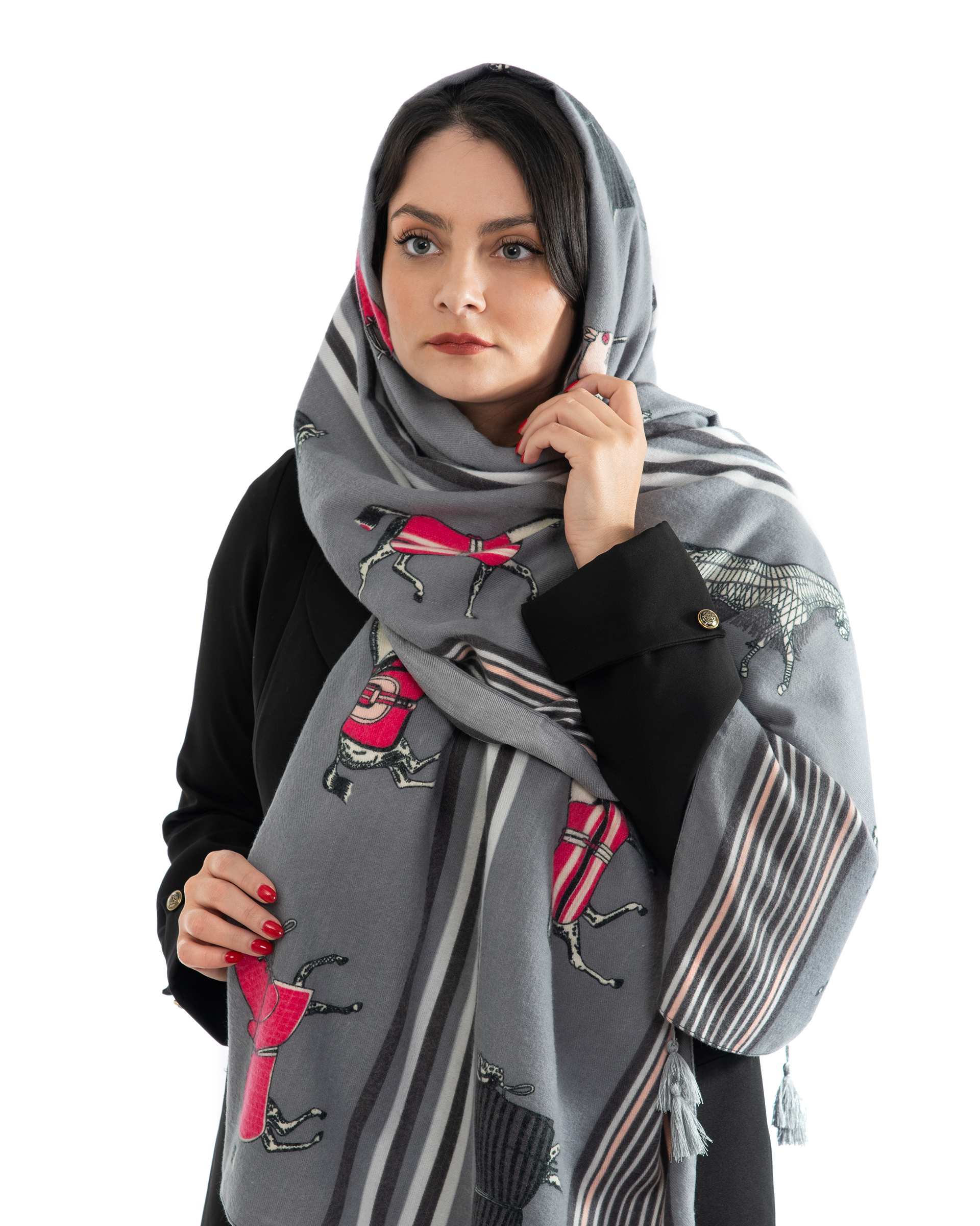 شال زنانه پاییزه موهر طرح هرمس طوسی جی دو Gido