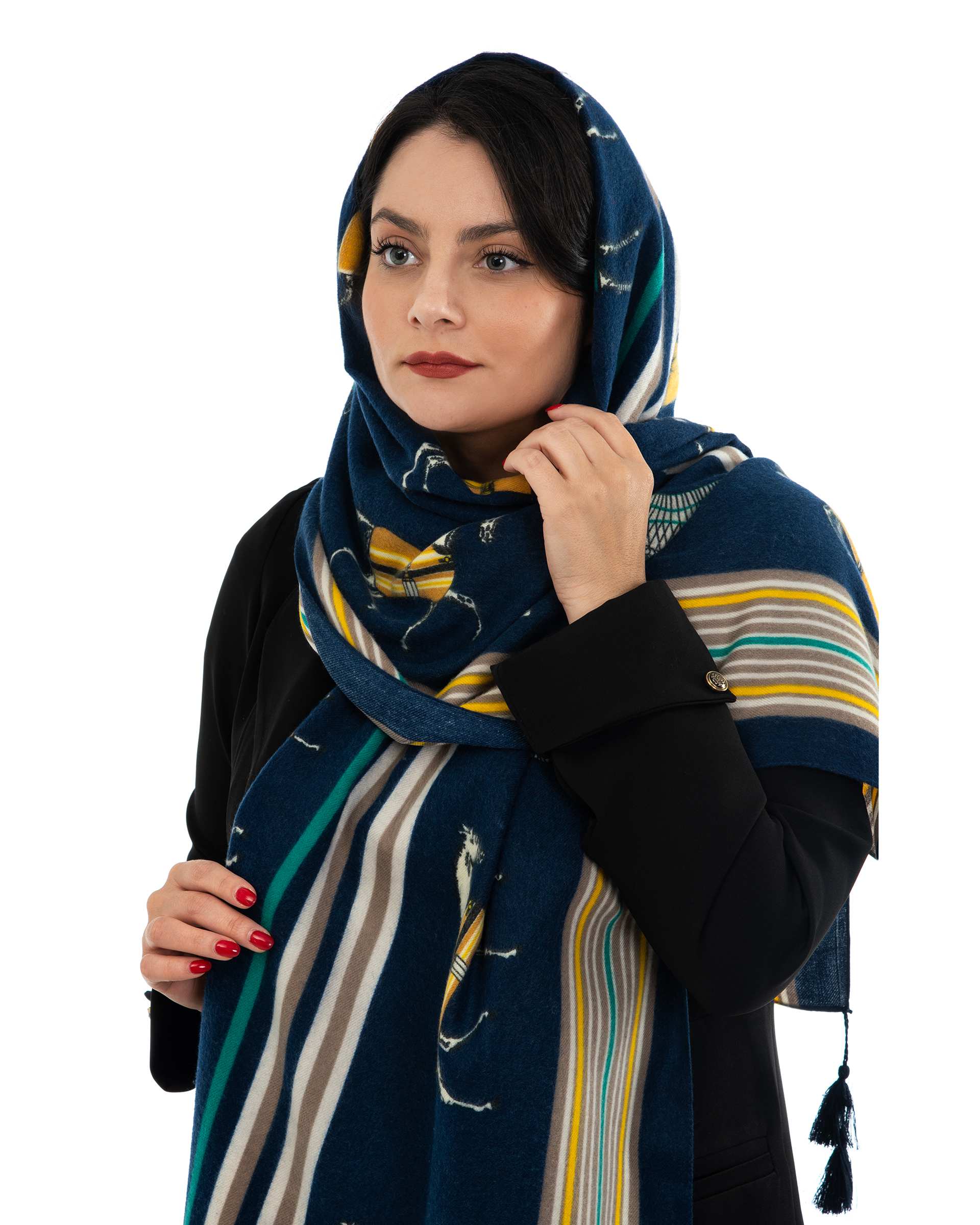 شال زنانه پاییزه موهر طرح هرمس سرمه ای جی دو Gido