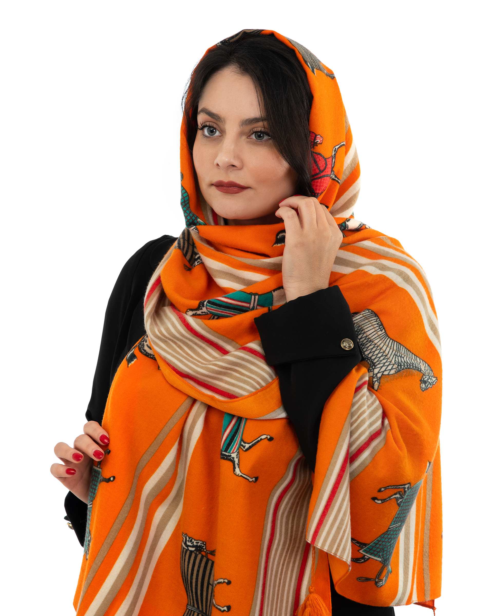 شال زنانه پاییزه موهر طرح هرمس نارنجی جی دو Gido