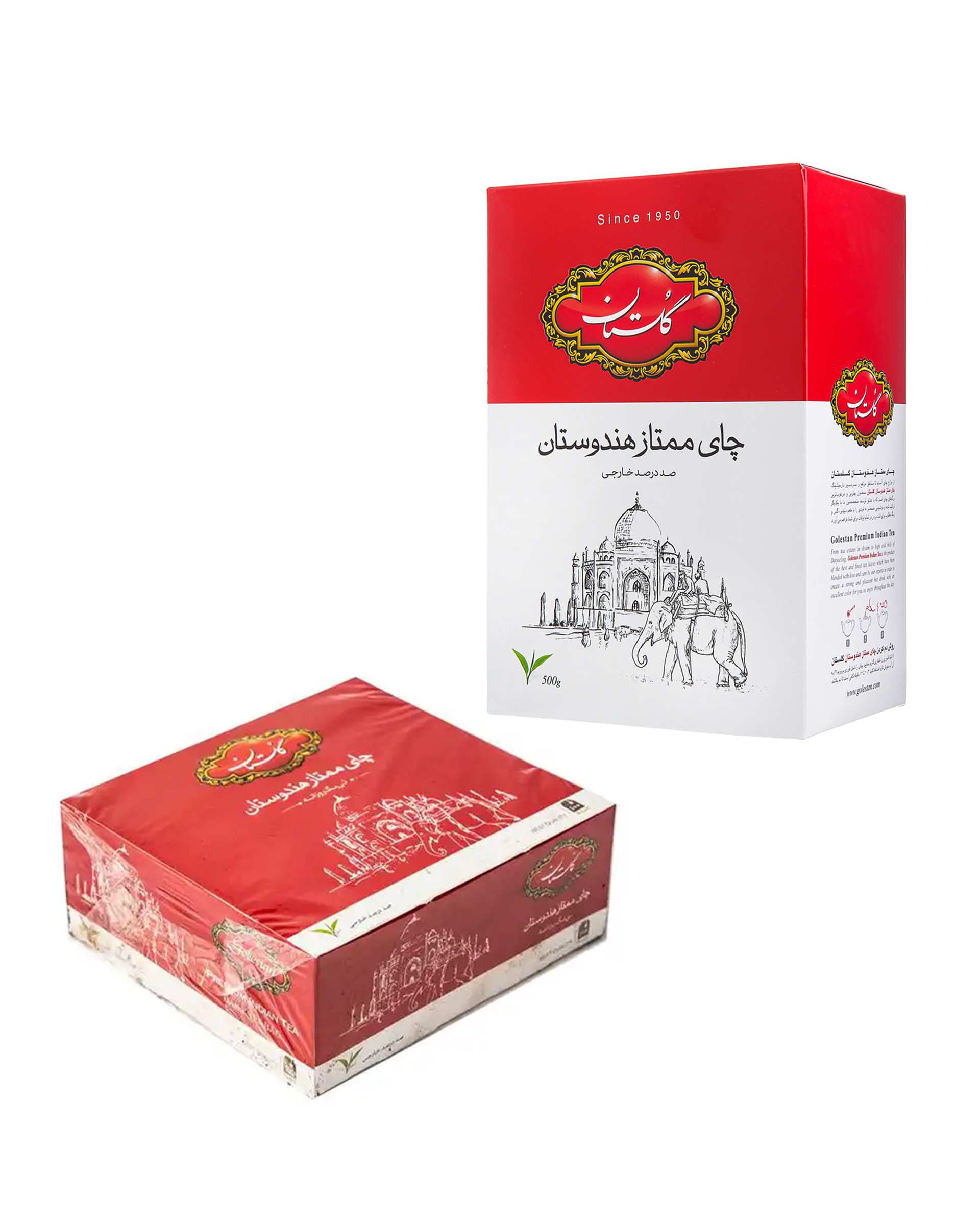 چای ممتاز هندوستان 500 گرمی گلستان همراه با چای کیسه ای 100 عددی گلستان 