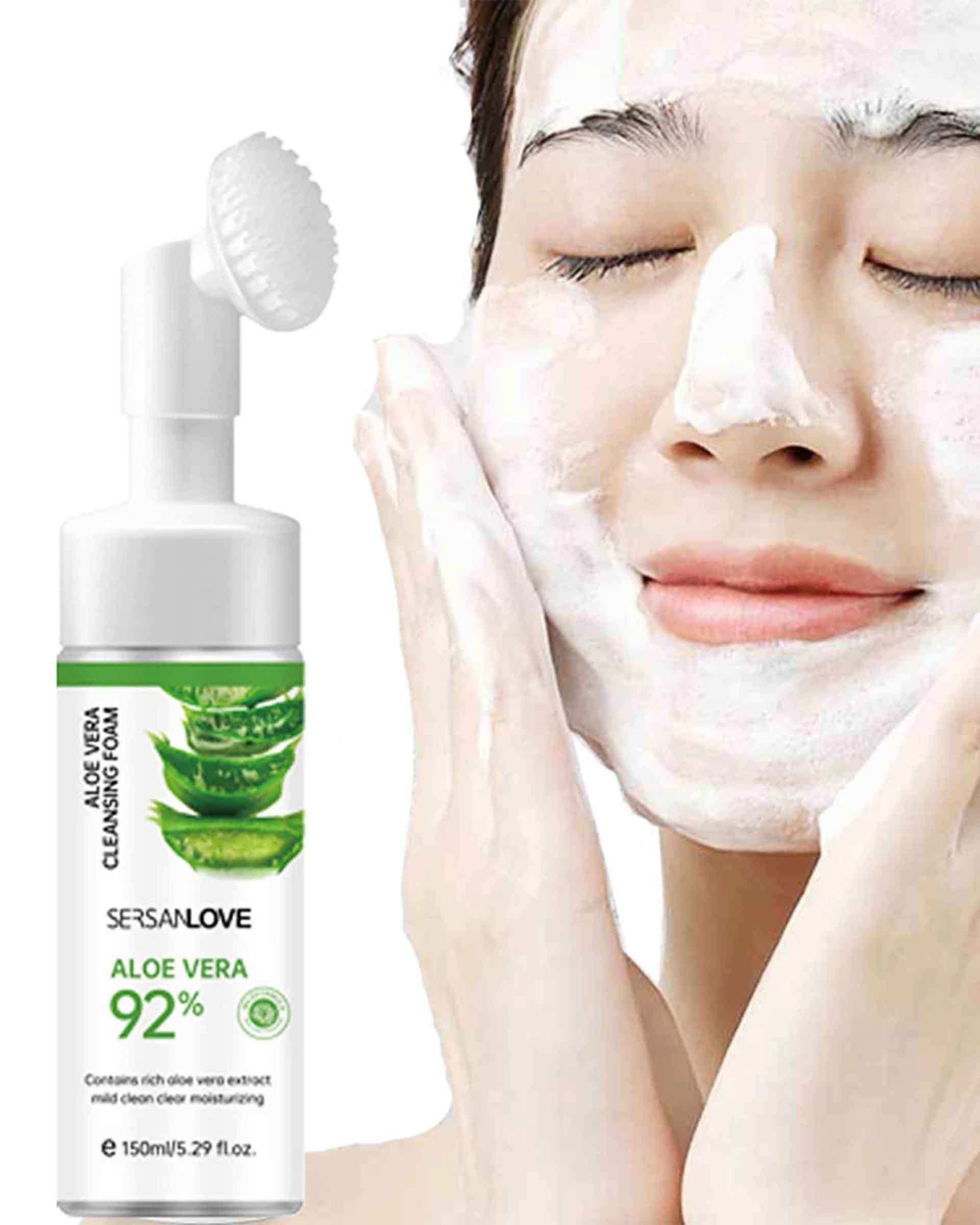 فوم شستشوی صورت براش دار سرسان لاو Sersanlove مدل Aloe Vera %92 حاوی عصاره آلوئه ورا 150ml