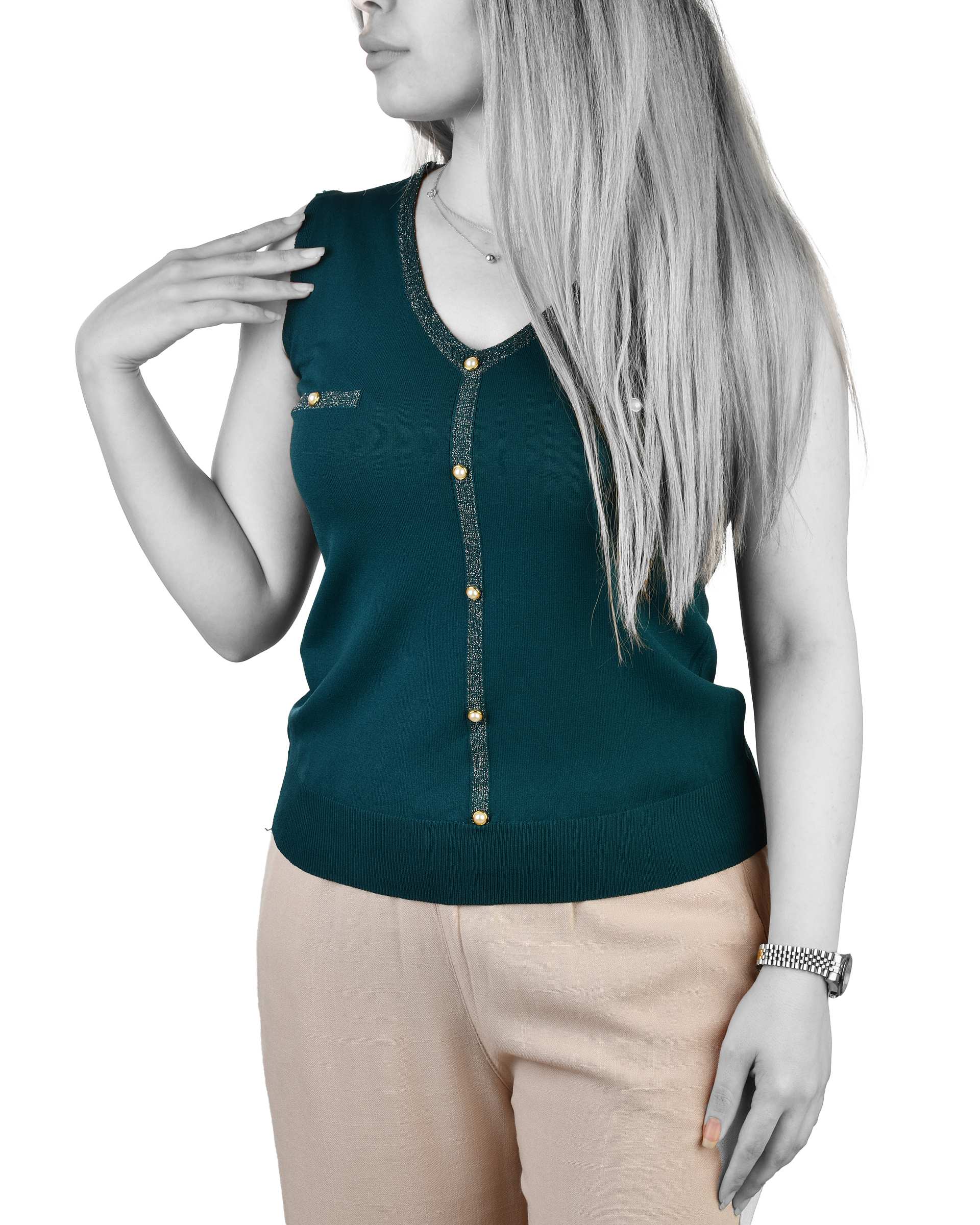 تاپ زنانه بافت یقه هفت لمه دار سبز کله غازی فشن Fashion