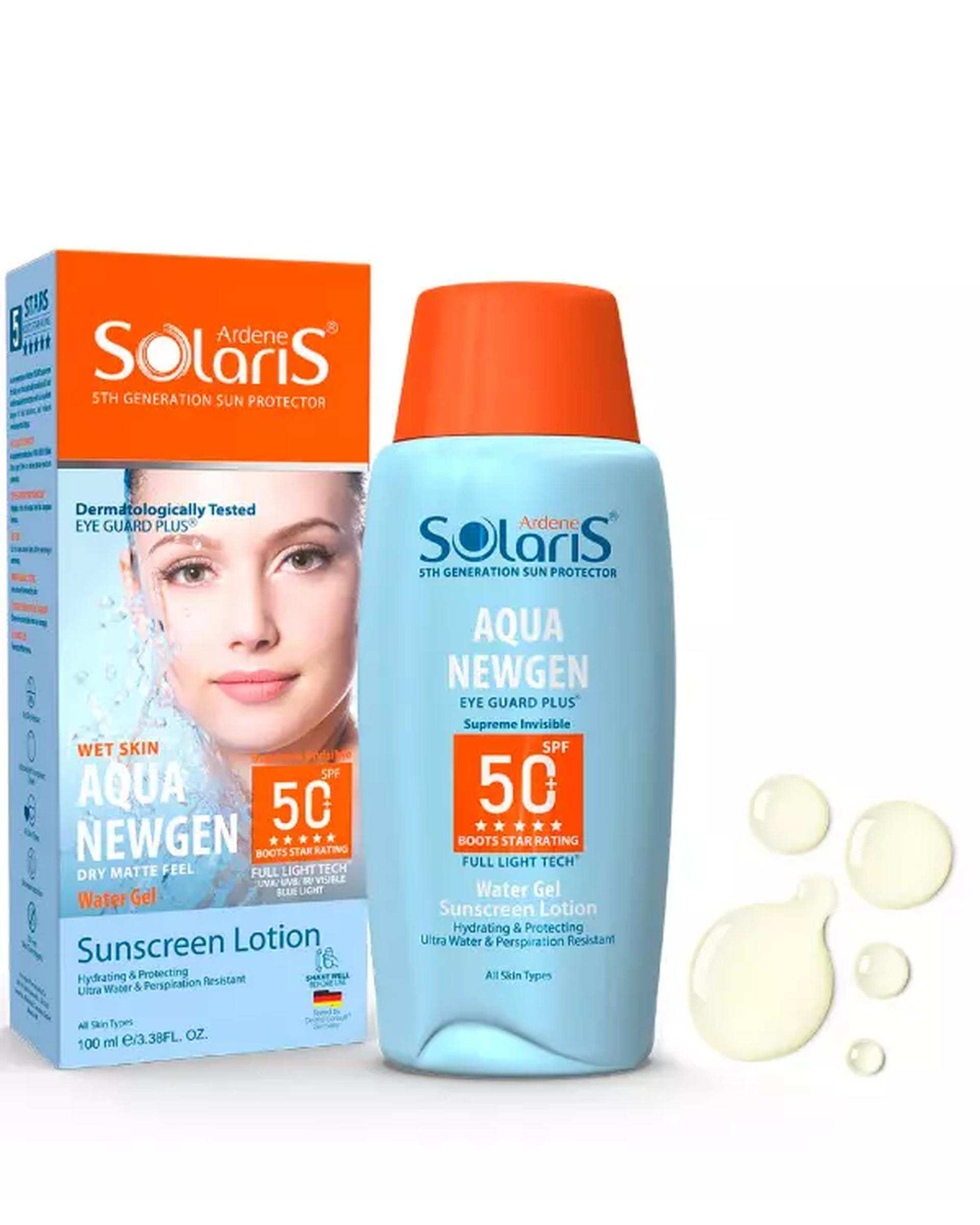 لوسیون ضد آفتاب آبرسان بی رنگ SPF50 فاقد چربی آردن سولاریس Arden Solaris مدل Aqua Newgen حجم 100ml