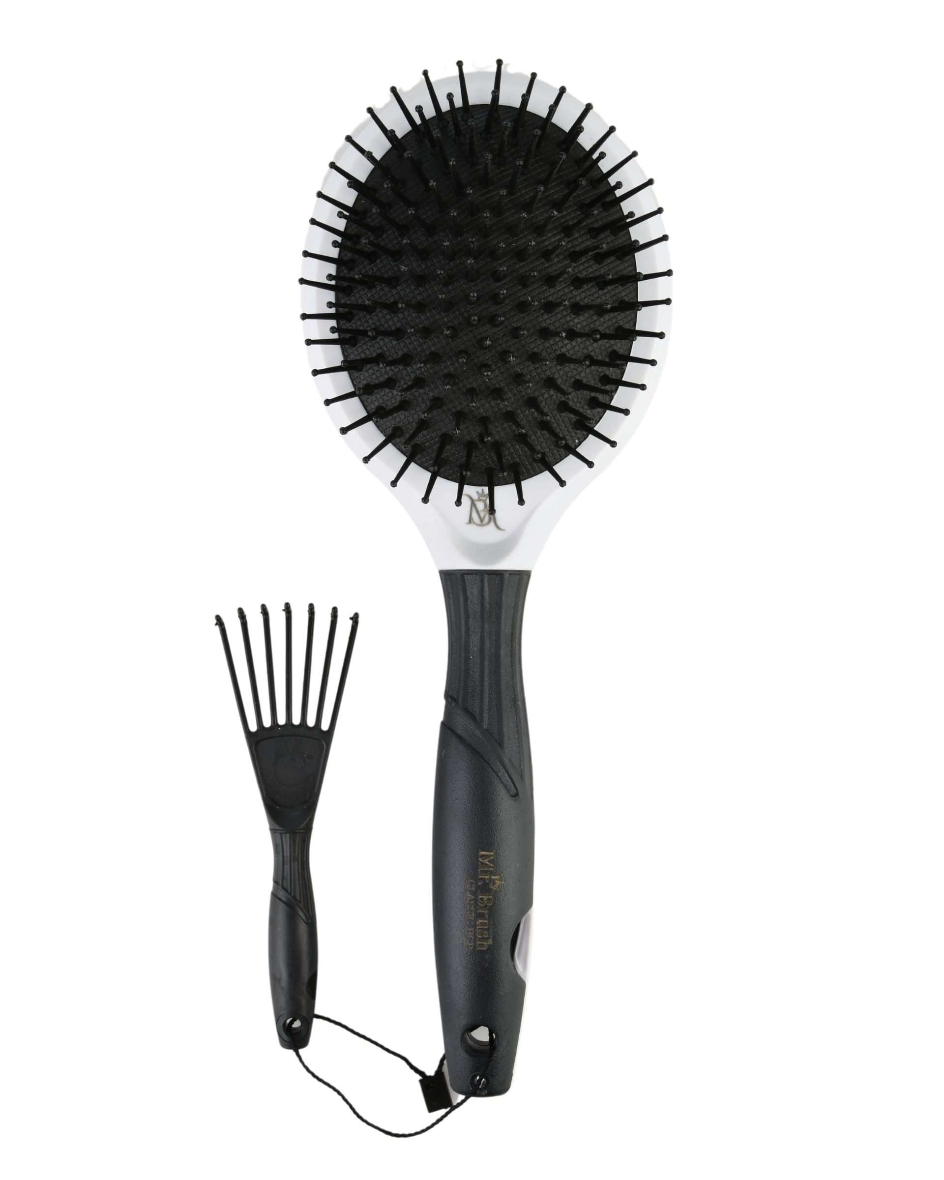 برس مو گرد همراه برس گره باز گن و ابزار تمیز کننده کفه برس مشکی سفید مستر براش Mr Brush